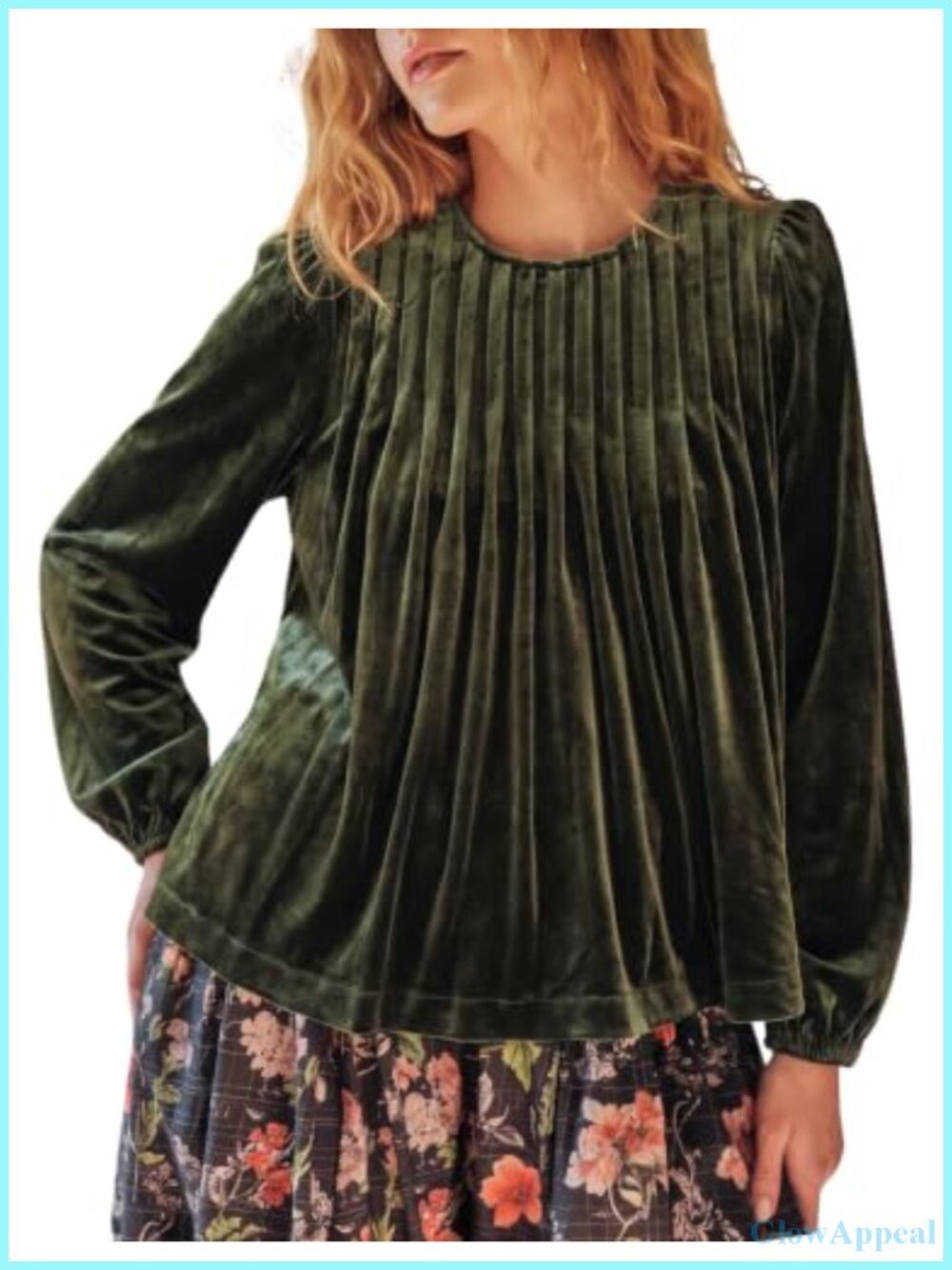 Velvet Pleated Babydoll Blouse with Bubble Sleeves